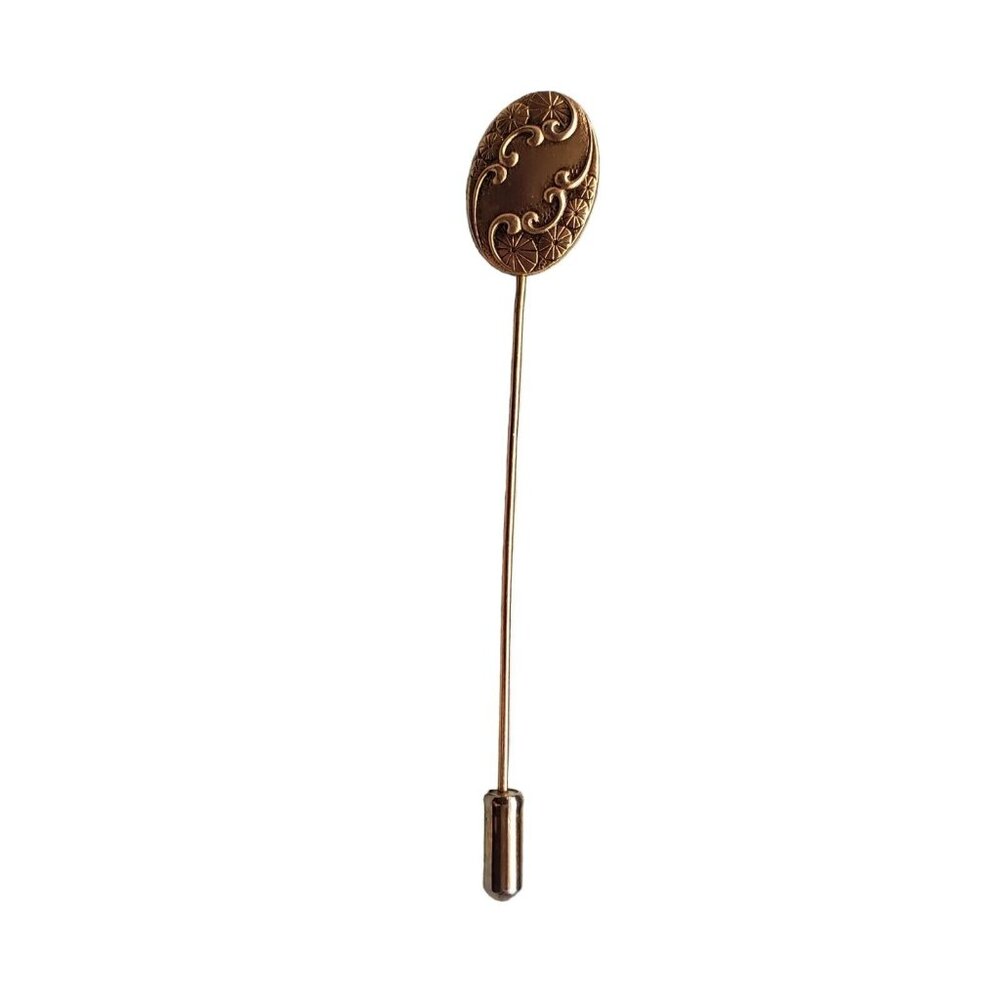 Estate Goldtone Oval Raised Floral Stick Pin Hat Lapel Vintage Jewelry Fashion